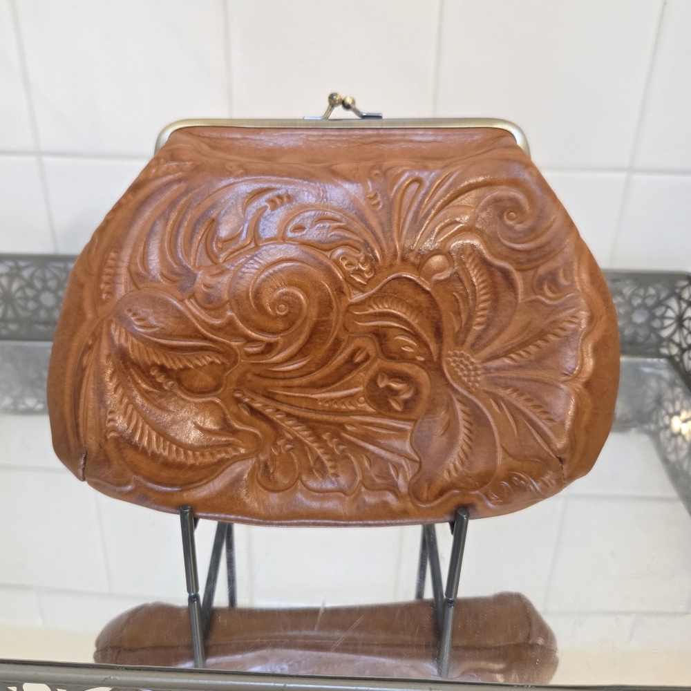 Patricia Nash Large Embossed Floral Leather Kiss Lock Clutch - Brown